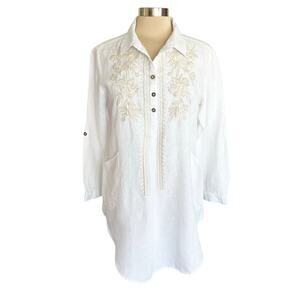 Kyla Seo White Linen Tunic Floral Embroidery 3/4 Button Oversized SMALL